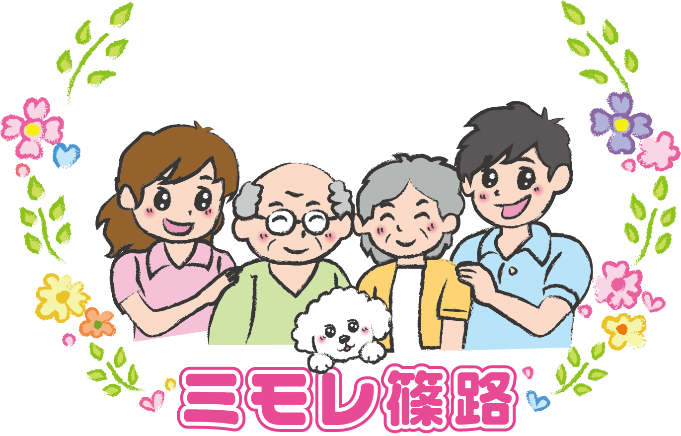 ミモレ篠路のイラスト。花に囲まれて笑う4人と犬